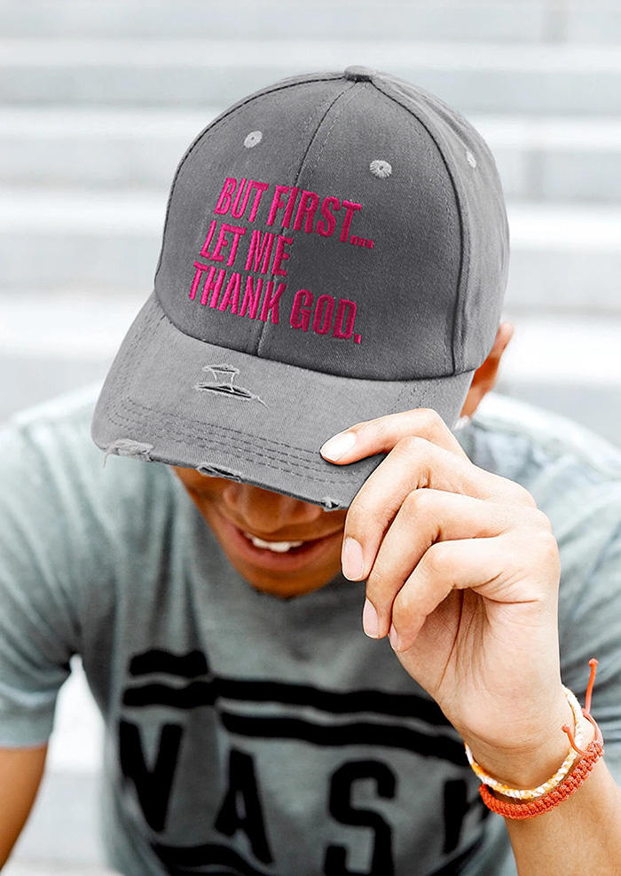 

Hats But First Let Me Thank God Ripped Hole Baseball Cap in Gray. Size