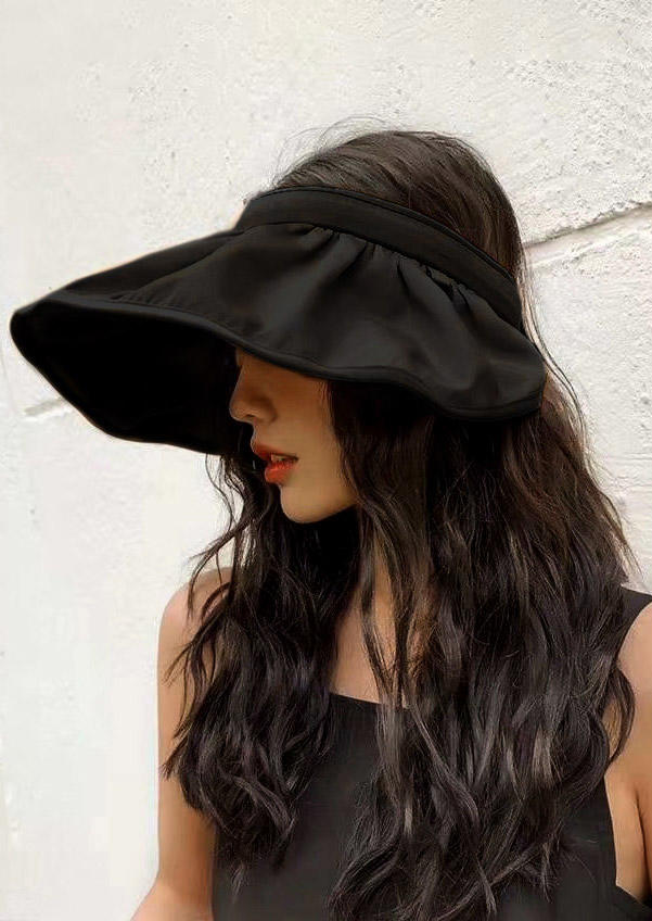 

Hats Hollow Out Ruffled Wide Brim Sun Visor Rolled Up Hat in Black. Size