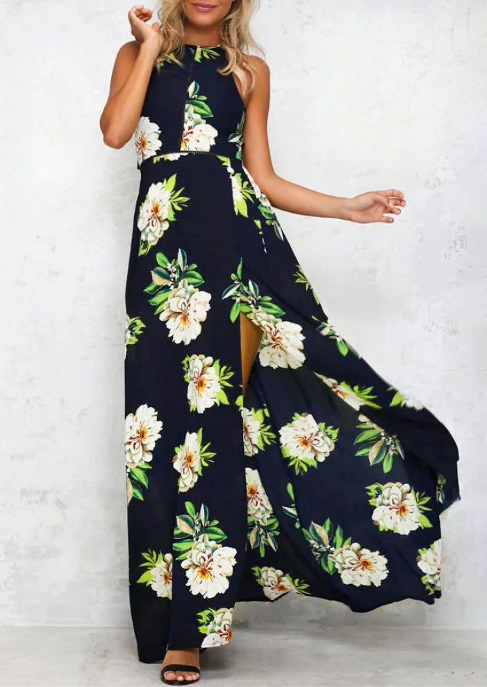 

Maxi Dresses Floral Halter Slit Open Back Tie Maxi Dress in Navy Blue. Size