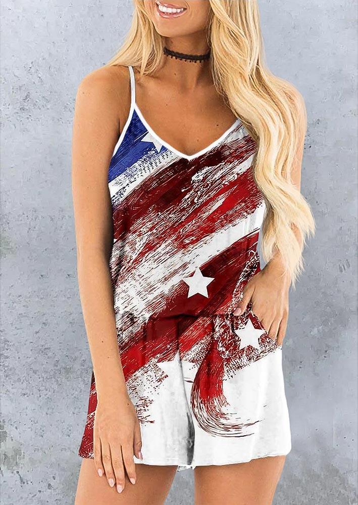 

Jumpsuits & Rompers American Flag Star Pocket Spaghetti Strap Romper in Multicolor. Size