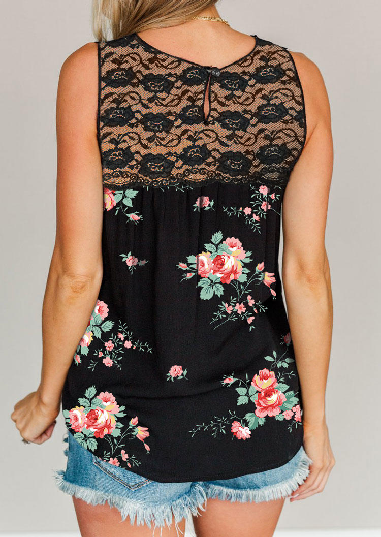 

Tank Tops Floral Lace Mesh Splicing Tank Top in Black. Size