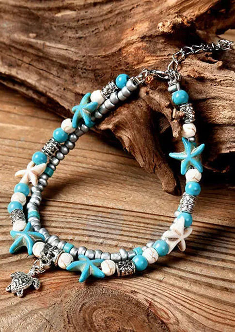 

Body Jewelry Bohemian Dual-Layered Turtle Beach Anklet in Blue. Size
