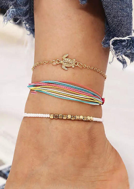 

Bracelet 3Pcs Adjustable Turtle Beading Braided Bracelet Anklet Set in Gold. Size