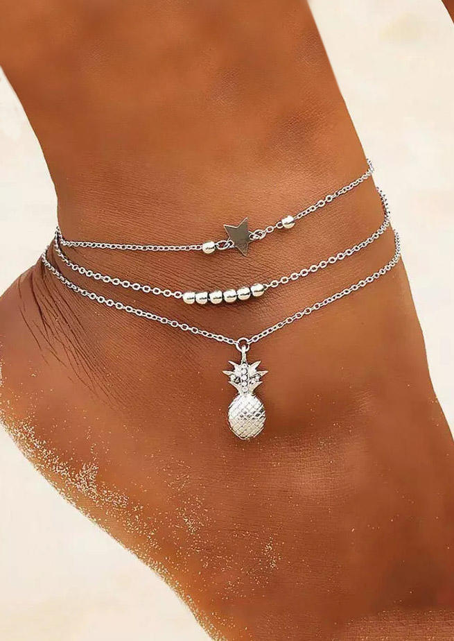 

Body Jewelry 2Pcs Pineapple Rhinestone Star Beading Anklet Set in Silver. Size