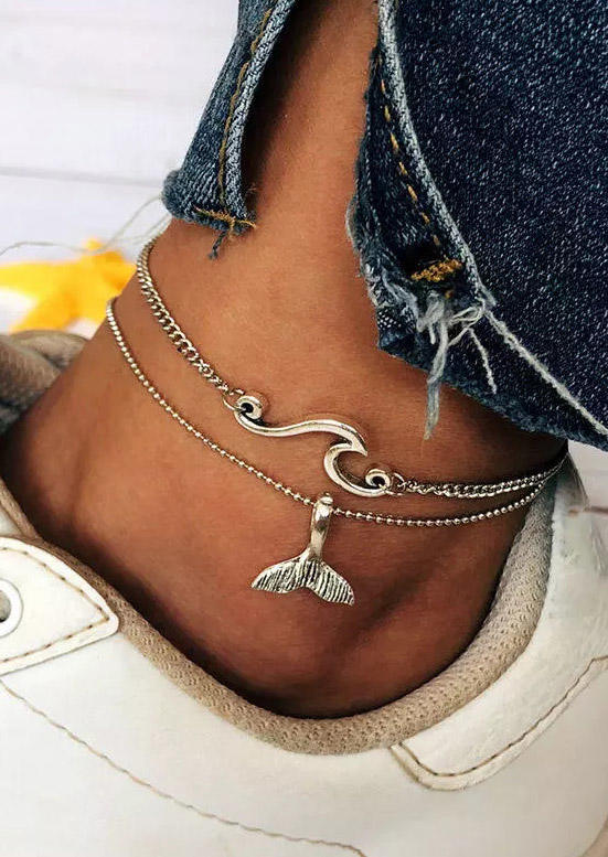 

Body Jewelry 2Pcs Beach Wave Fish Tail Alloy Anklet in Silver. Size