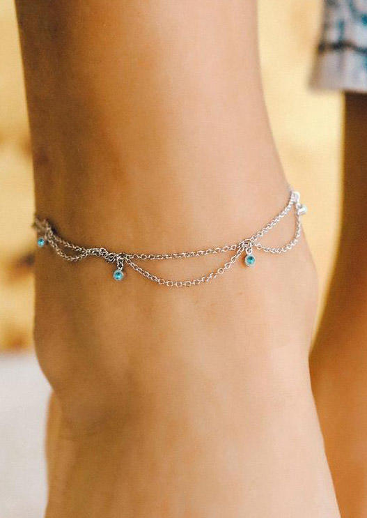 

Body Jewelry Vintage Bohemian Turquoise Dual-Layered Anklet in Silver. Size
