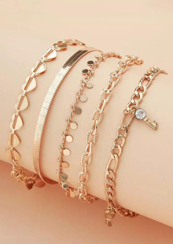 

Body Jewelry 5Pcs Inlaid Rhinestone Key Pendant Heart Anklet Set in Gold. Size