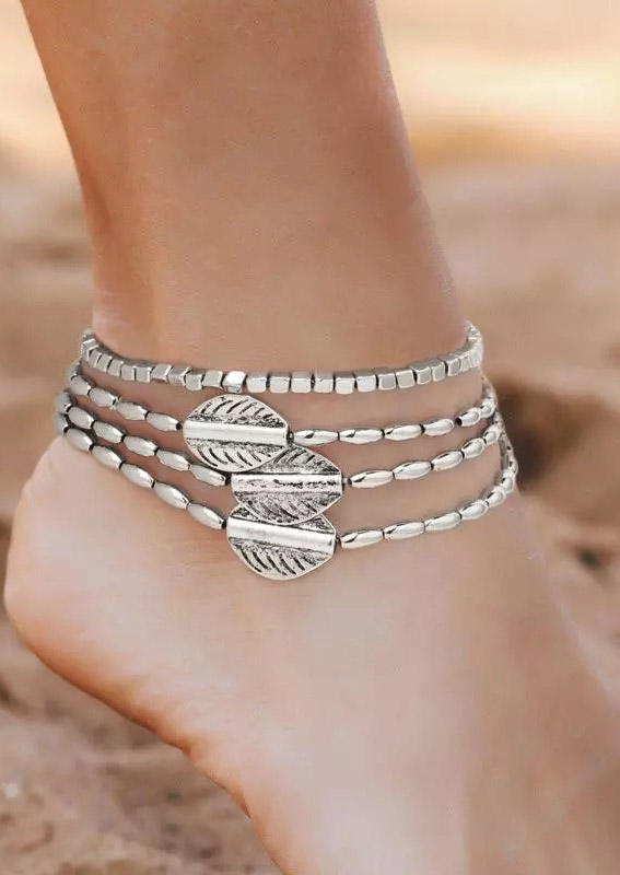 

2Pcs Fashion Bohemian Style Leaf Alloy Anklet Set, Silver, 502216