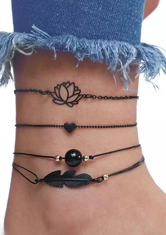 

Body Jewelry 4Pcs Feather Lotus Heart Anklet Set in Black. Size