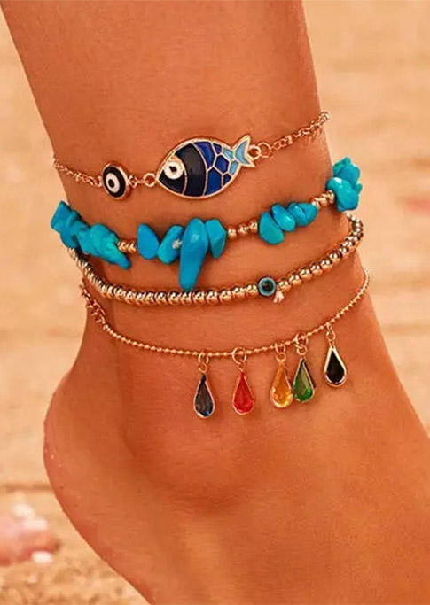 

4Pcs Devil Eye Fish Colorful Stone Anklet Set - Gold, 503478