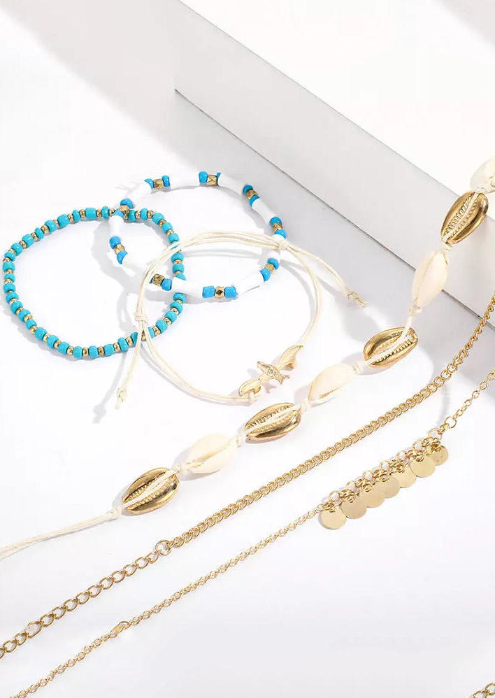 

Body Jewelry 6Pcs Bohemian Beading Shell Adjustable Anklet Set in Gold. Size
