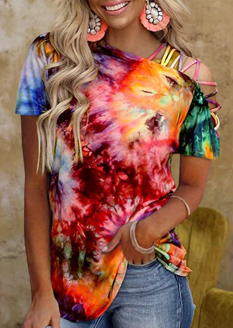 Blouses Tie Dye Criss-Cross One Sided Cold Shoulder Blouse in Multicolor. Size: 3XL