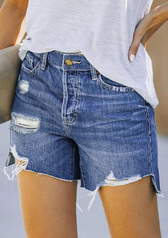 

Shorts Ripped Hole Frayed Hem Pocket Denim Shorts in Blue. Size: ,M,L