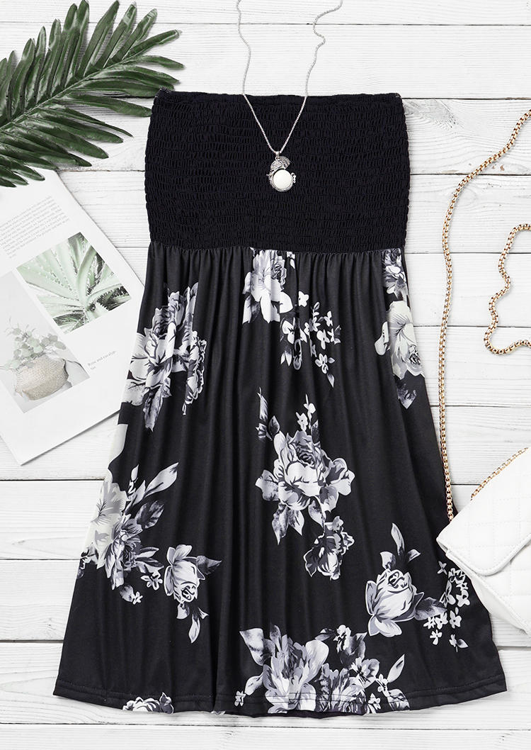 Mini Dresses Floral Smocked Waist Strapless Ruffled Mini Dress in Black. Size: 3XL