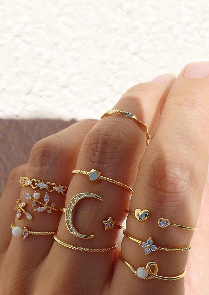 

Rings 10Pcs Moon Star Heart Leaf Rhinestone Ring Set in Gold. Size