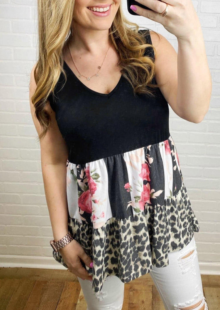 

Tank Tops Leopard Floral Striped Ruffled Sleeveless Tank Top in Multicolor. Size: ,M,L,XL