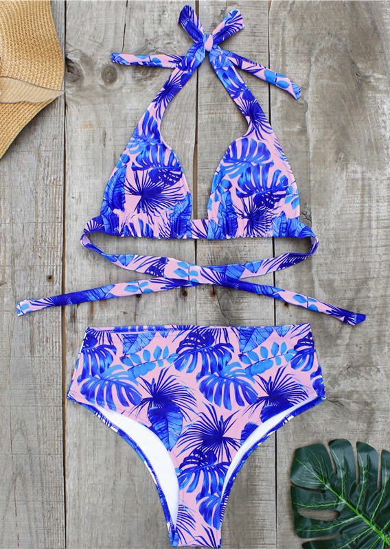 

Bikini Sets Palm Leaf Halter Tie High Waist Bikini Set in Multicolor. Size: ,M,L,XL