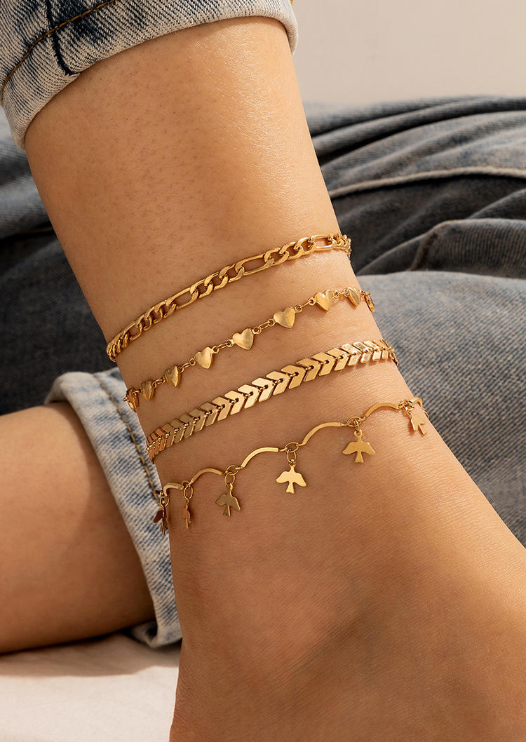 

Body Jewelry 4Pcs Heart Bird Wheat Anklet Set in Gold. Size