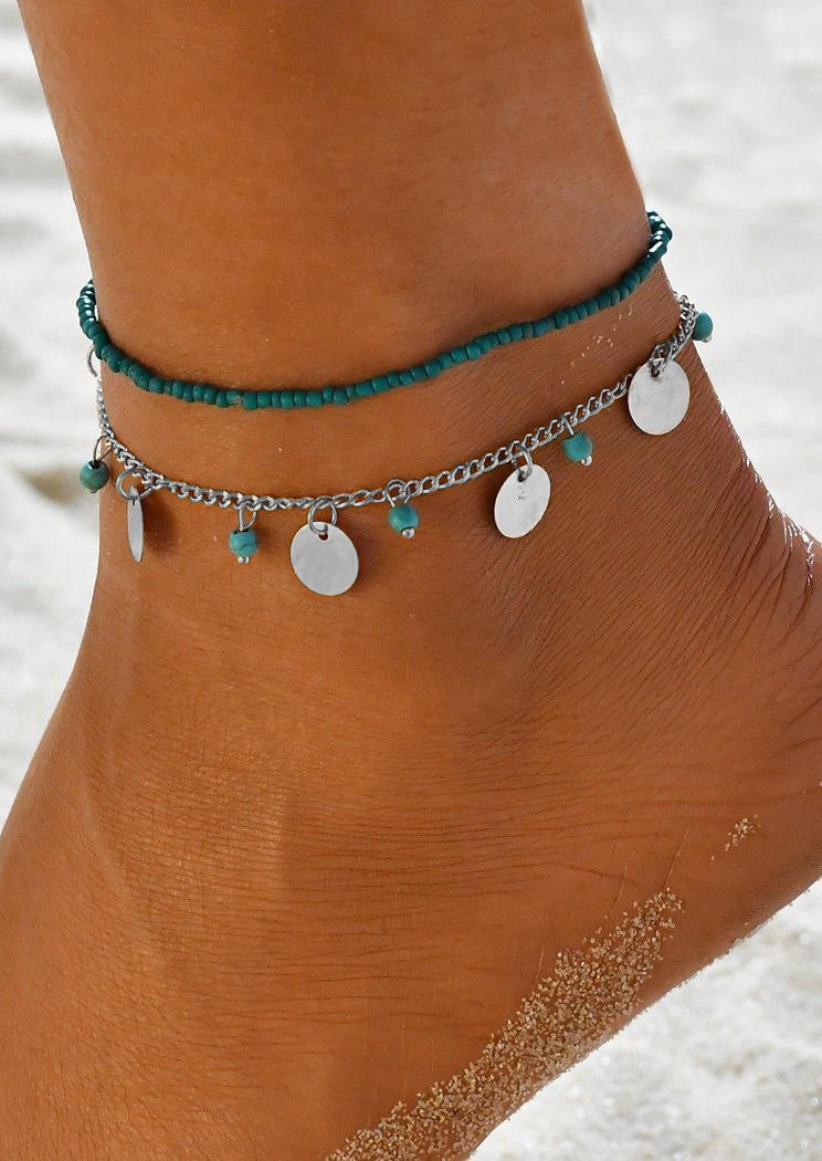 

Body Jewelry 2Pcs Turquoise Beading Coin Anklet Set in Cyan. Size
