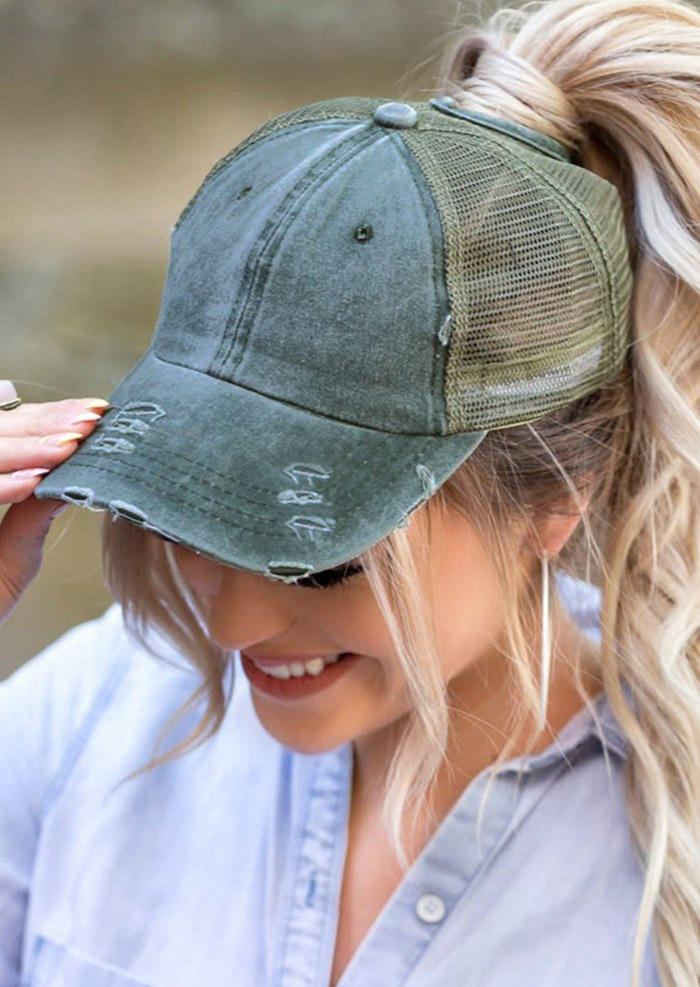 

Hats Mesh Hollow Out Ripped Washed Baseball Cap in Army Green. Size