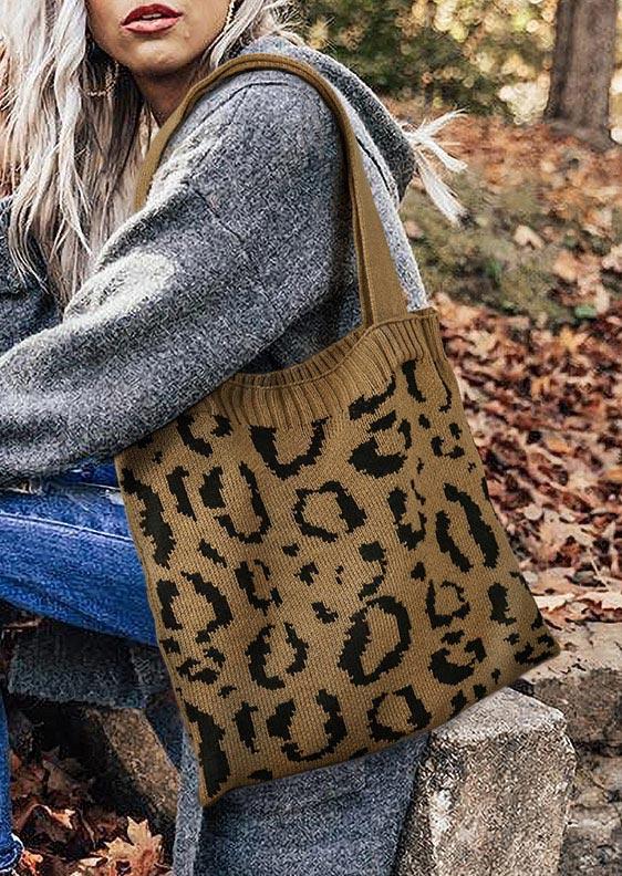 

Handbag Leopard Knitted Casual Shoulder Tote Bag in Khaki. Size