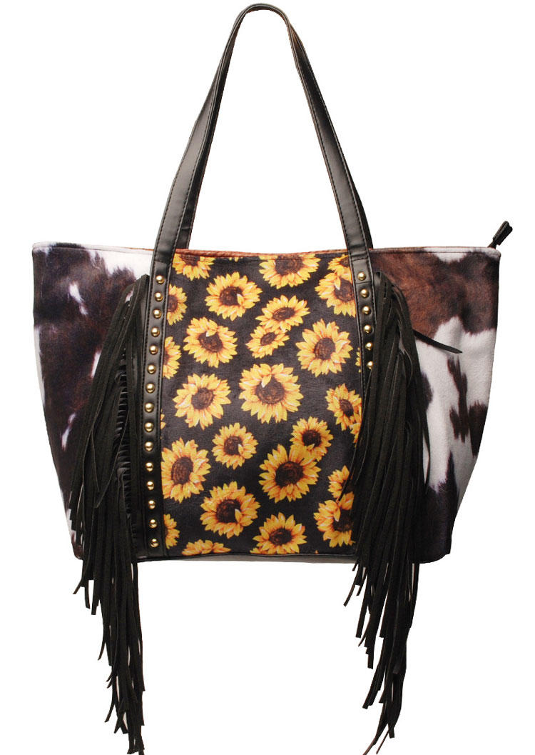 

Handbag Sunflower Cow Splicing Tassel Rivet Handbag in Multicolor. Size