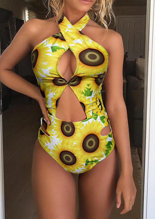 Sunflower Hollow Out Criss-Cross Tie One-Piece Swimsuit