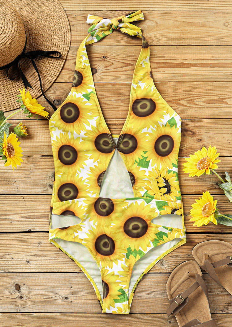 One-Pieces Swimsuit Sunflower Hollow Out Criss-Cross Tie One-Piece Bathing Suit Swimwear in Multicolor. Size: L,M,S,XL