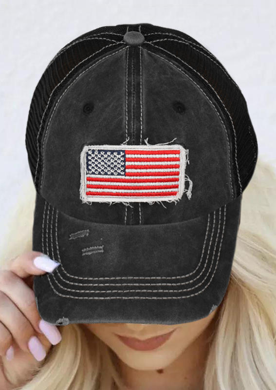 

Hats American Flag Distressed Hollow Out Mesh Baseball Cap in Black. Size