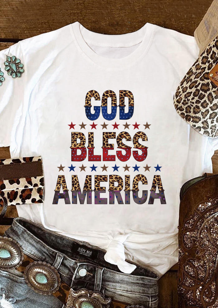 

T-shirts Tees God Bless America Leopard Star T-Shirt Tee in White. Size: ,L,XL