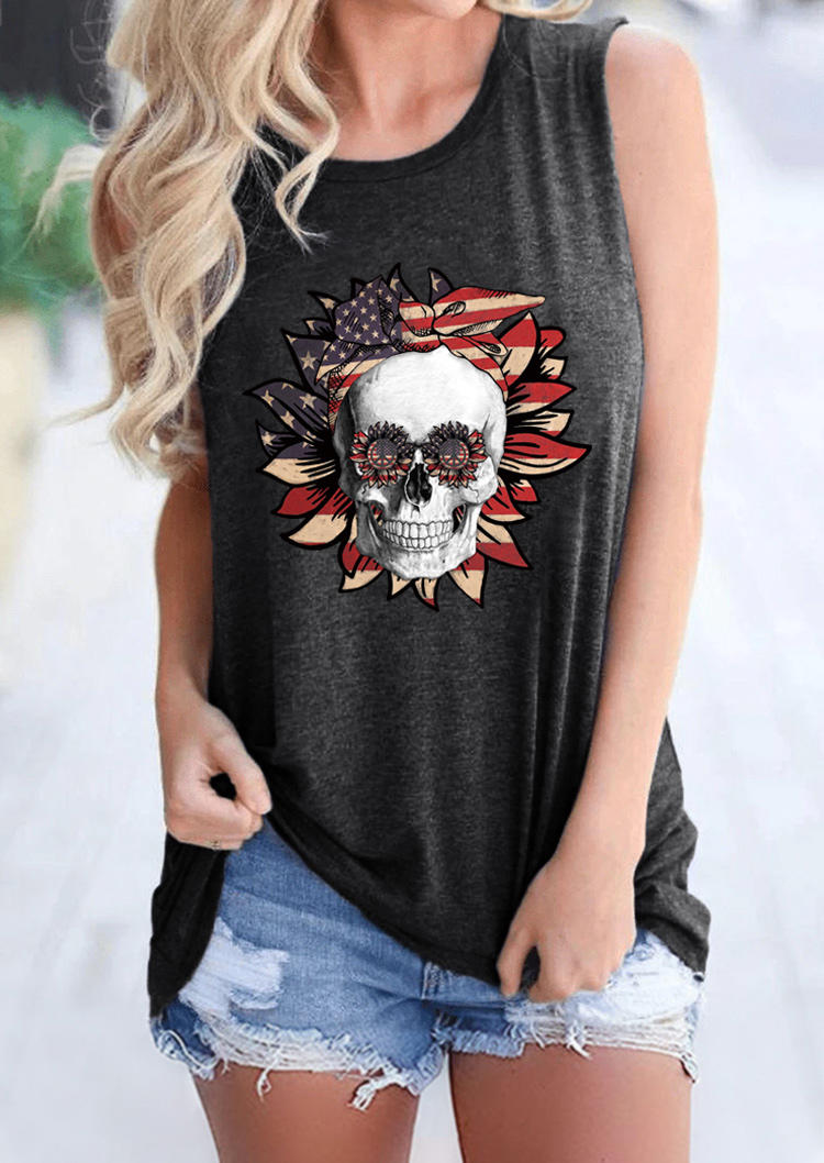 

Tank Tops American Flag Star Striped Sunflower Skull Tank Top in Dark Grey. Size
