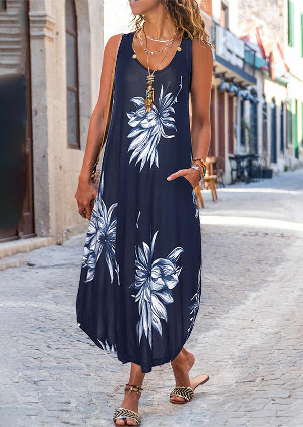 

Maxi Dresses Floral Pocket Sleeveless Maxi Dress in Navy Blue. Size: ,M,L,XL