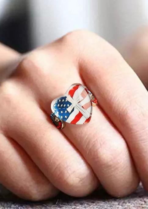 

Rings American Flag Star Striped Heart Shaped Cross Rhinestone Ring in Multicolor. Size: S