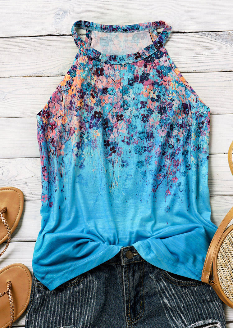 Tank Tops Colorful Floral Oil Painting Halter Tank Top in Blue. Size: S