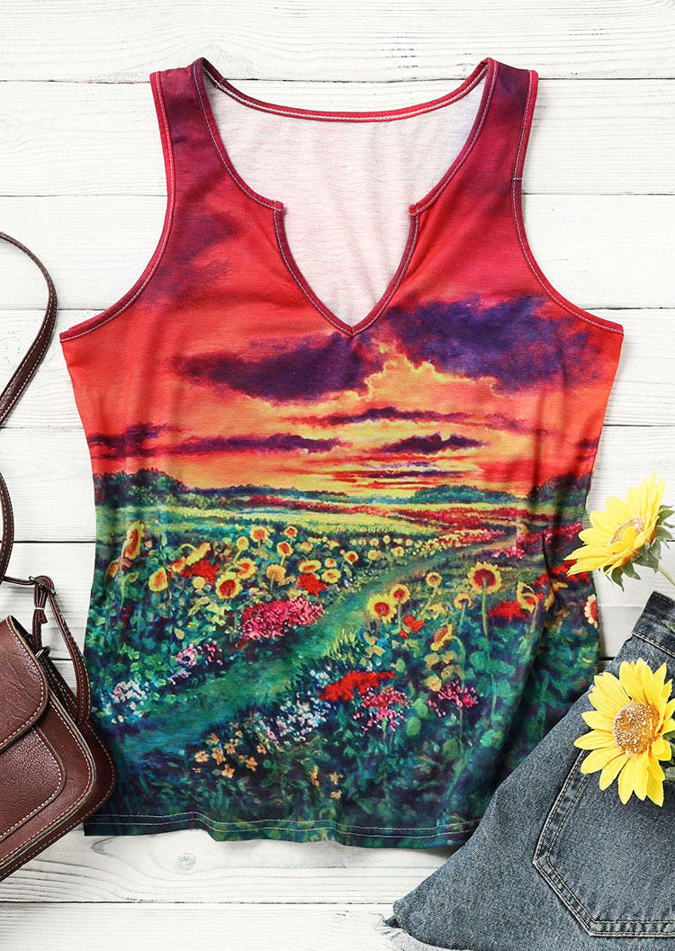 Tank Tops Floral Oil Painting Notched Neck Tank Top in Multicolor. Size: M,L,XL