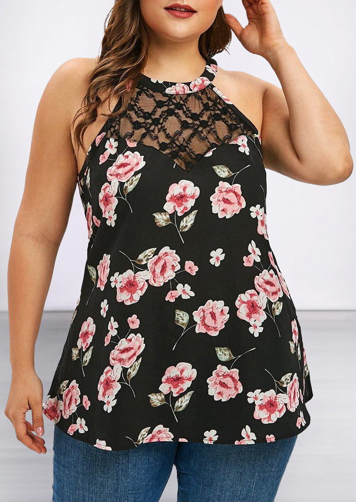 

Plus Size Tops Plus Size Floral Lace Halter Tank in Black. Size: ,XL