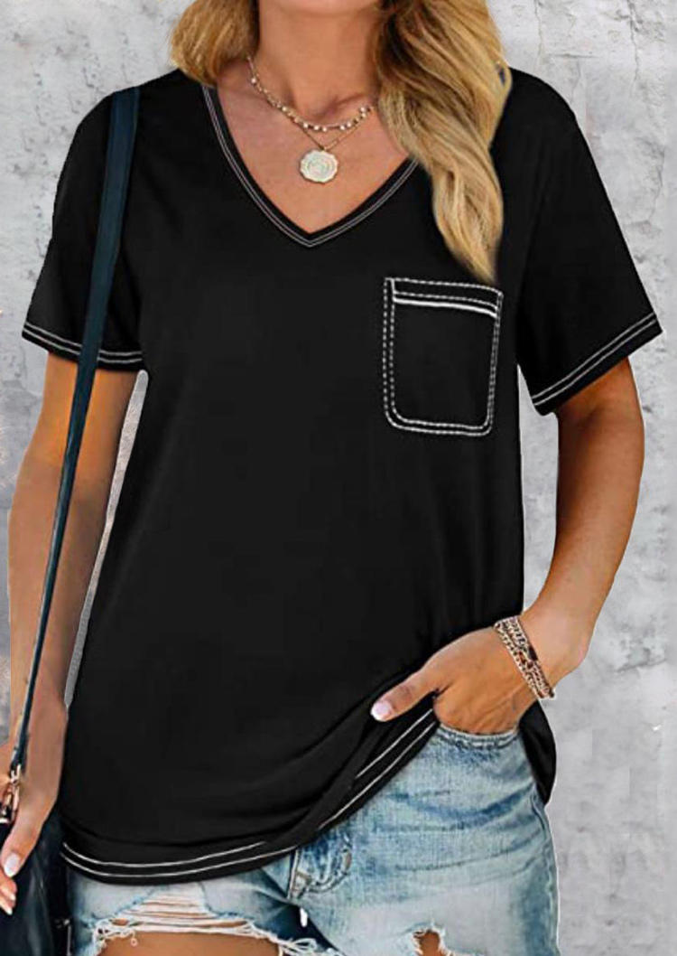 

Blouses Fake Pocket V-Neck Casual Blouse in Black. Size: ,M,L,XL