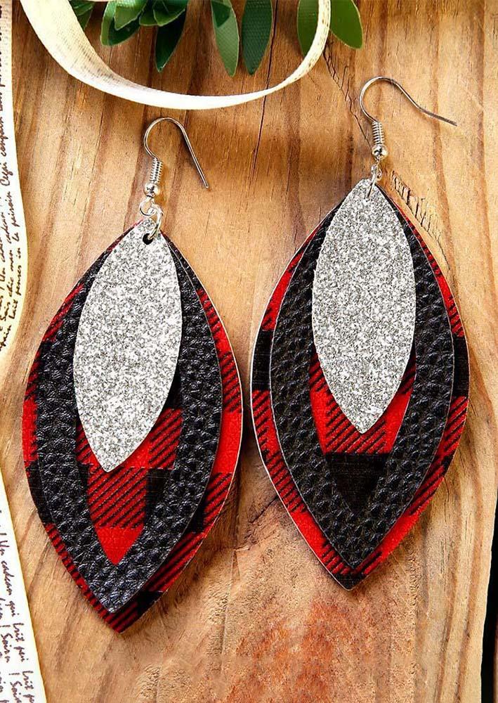 

Earrings Plaid Sequined Three-Layered Leather Earrings in Red. Size