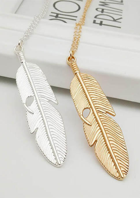 Necklaces  Long Feather Pendant Sweater Chain Necklace in Silver. Size: One Size