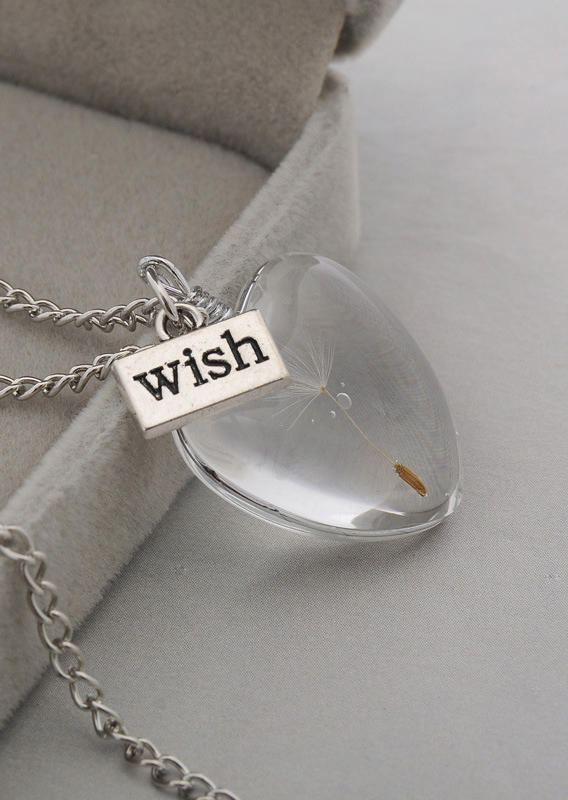 Heart  Dandelion Wish Pendant Crystal Necklace