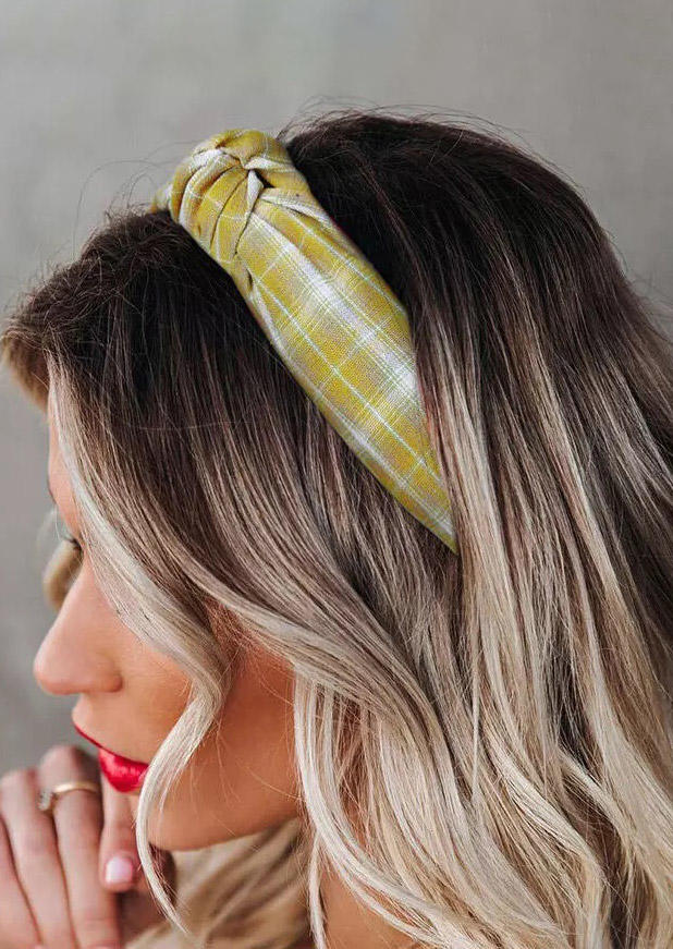 

Vintage Plaid Cross Knot Wide Headband in Yellow. Size