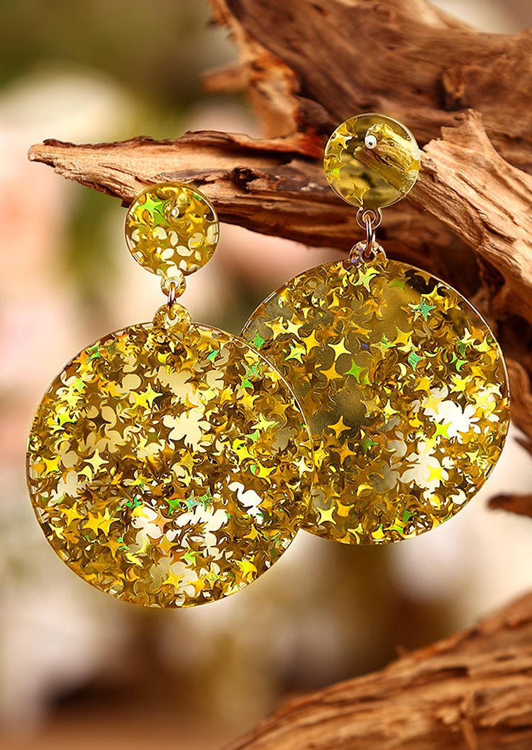 

Earrings Vintage Sequined Four-Pointed Star Round Pendant Earrings in Yellow. Size