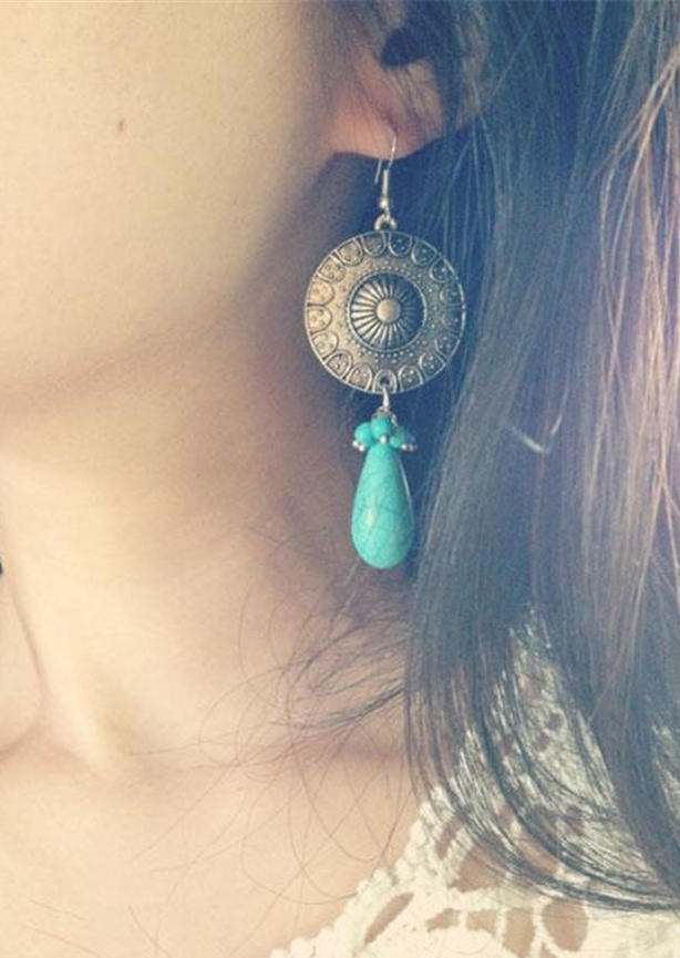 

Earrings Vintage Bohemian Style Long Turquoise Pendant Earrings in Cyan. Size
