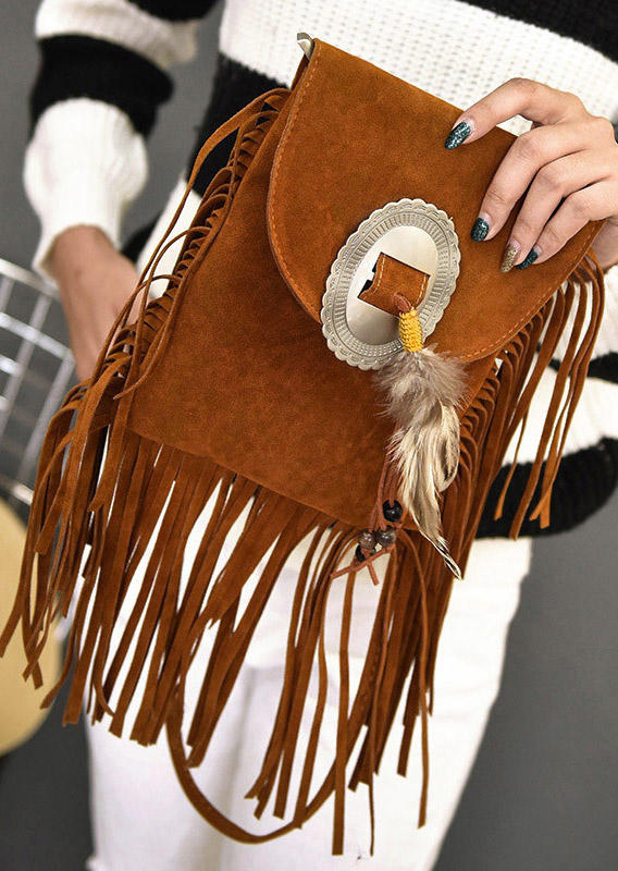 

Crossbody Bag Bohemian Feather Tassel Beading Shoulder Crossbody Bag in Brown. Size