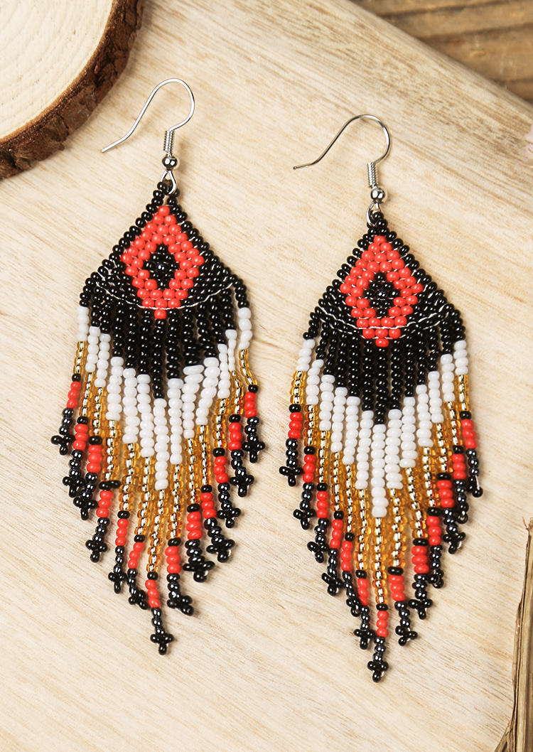 

Bohemian Colorful Beading Geometric Tassel Earrings, Black, 498383