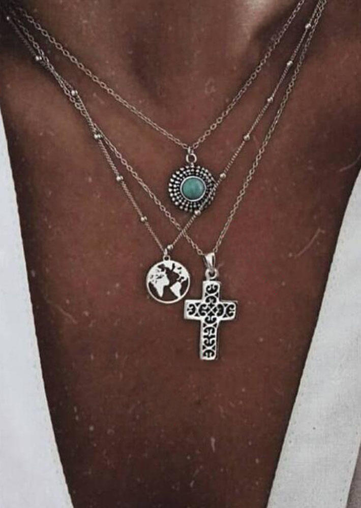 

Necklaces Map Cross Turquoise Multi-Layered Necklace in Silver. Size
