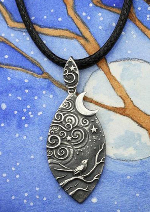 

Necklaces Magic Night Carved Moon Star Bird Pendant Necklace in Silver. Size