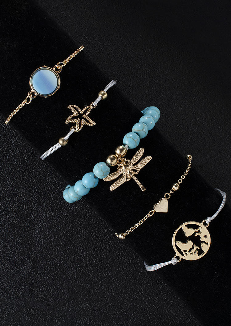 

Bracelet 5Pcs Dragonfly Starfish Map Heart Beading Bracelet Set in Cyan. Size