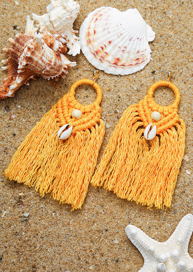 

Earrings Bohemia Shell Wooden Bead Tassel Braided Stud Earrings in Yellow. Size