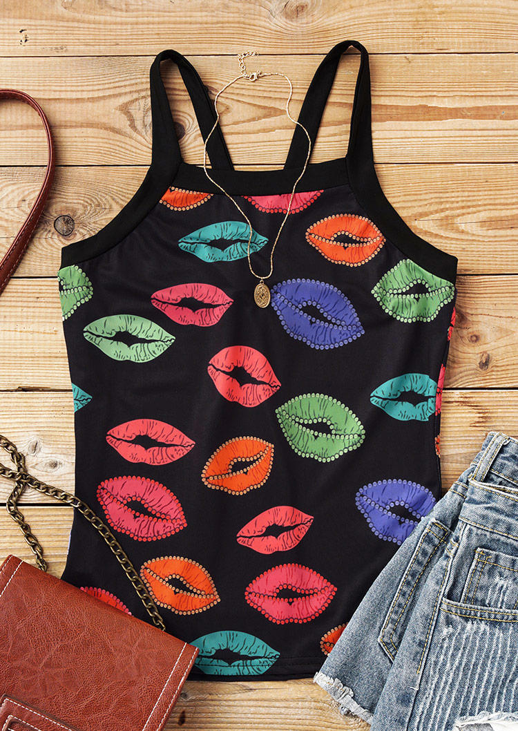 

Tank Tops Lips Bowknot Open Back Camisole in Black. Size: ,M,XL
